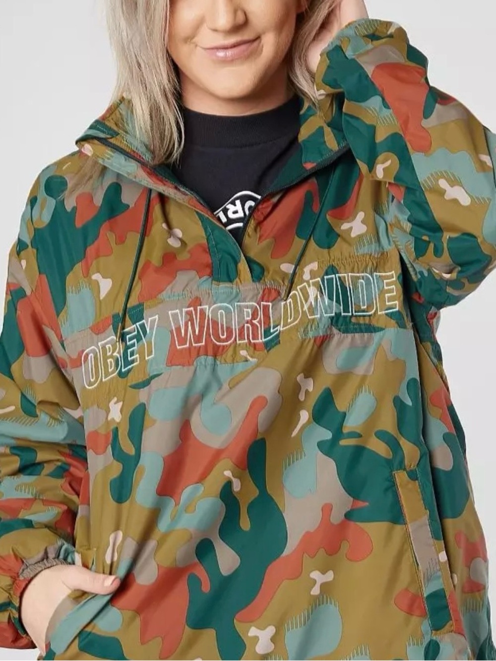 Obey Worldwide Bunker Anorak Jacket Drip Camo Fleece Sweatshirt Lined S